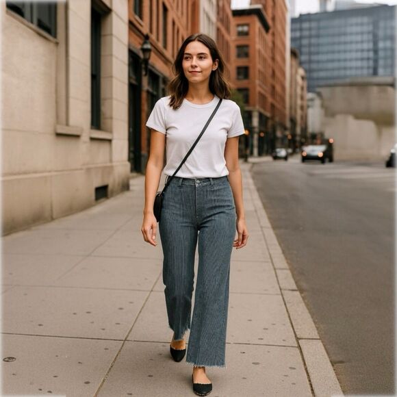 ASOS Denim High Waisted Wide Leg Jeans in Blue Railroad Stripe - Picture 1 of 10